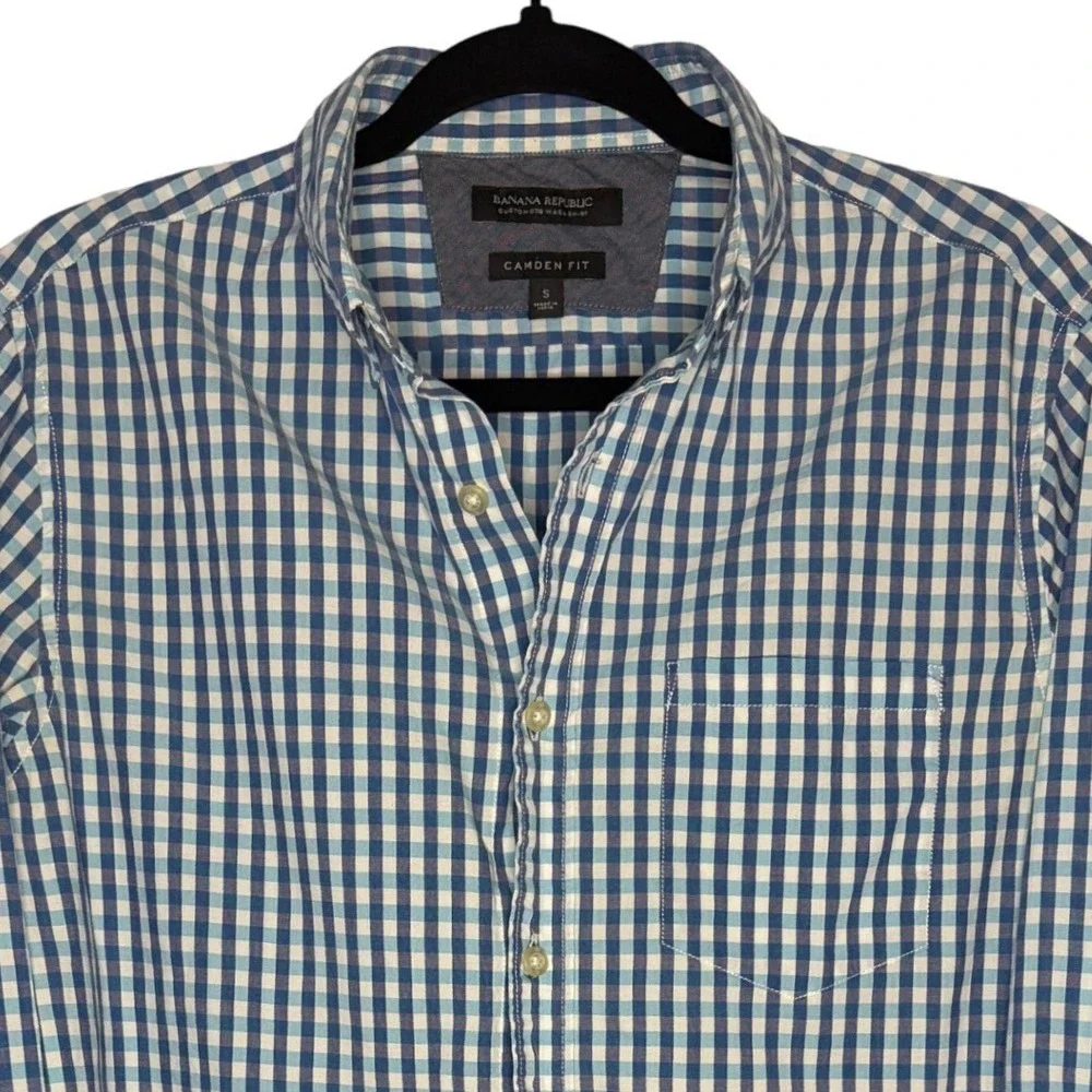 Banana Republic Shirt Mens Small Blue Gingham Camden Fit Custom Wash Long Sleeve